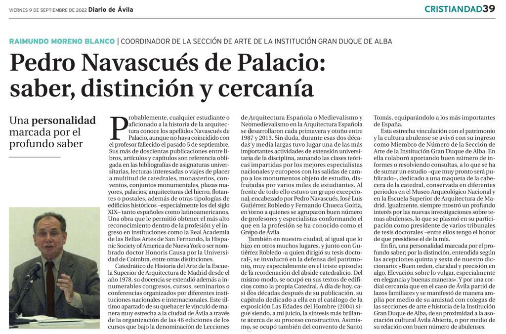 Fallecimiento de D. Pedro J. Navascués Palacio, miembro de número de la Sección de arte