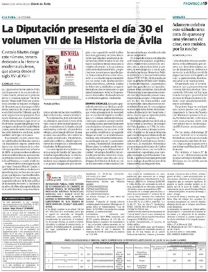 La Diputación presenta el día 30 el volumen VII de la Historia de Ávila