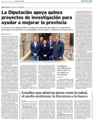 La Diputación apoya quince proyectos de investigación para ayudar a mejorar la provincia